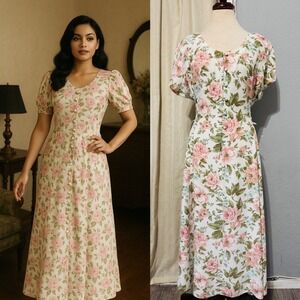 Vtg‎ 90s Betsy's Things Women Floral Maxi Dress Button Front Corset Detail L 14